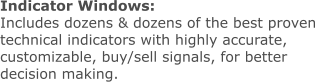 Indicator Windows: Includes dozens & dozens of the best proven technical indicators with highly accurate, customizable, buy/sell signals, for better decision making.